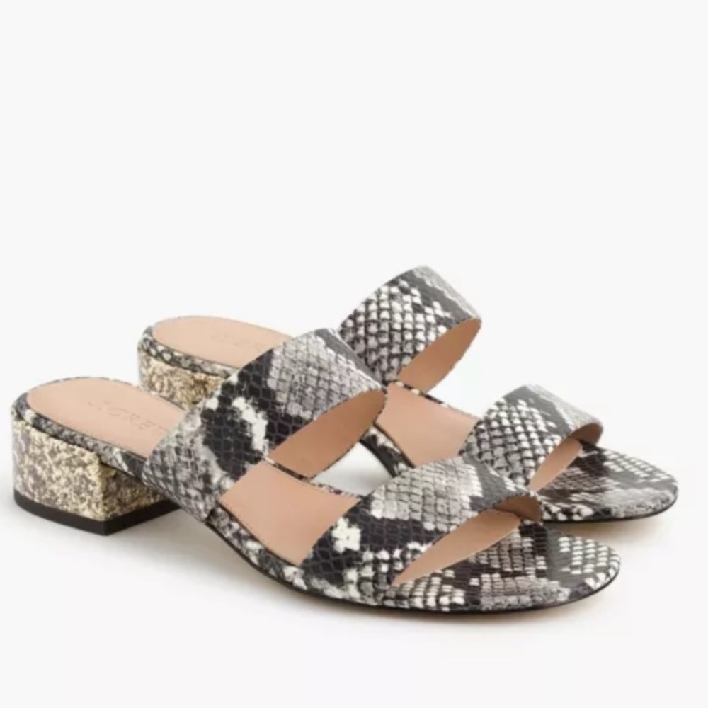 J. Crew Snakeskin Leather Slide Heeled Sandals - Picture 1 of 13